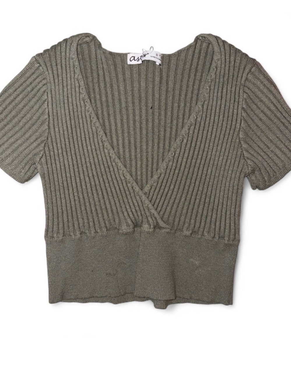 Astr Olive Ribbed Wrap V-Neck Short Sleeve Top